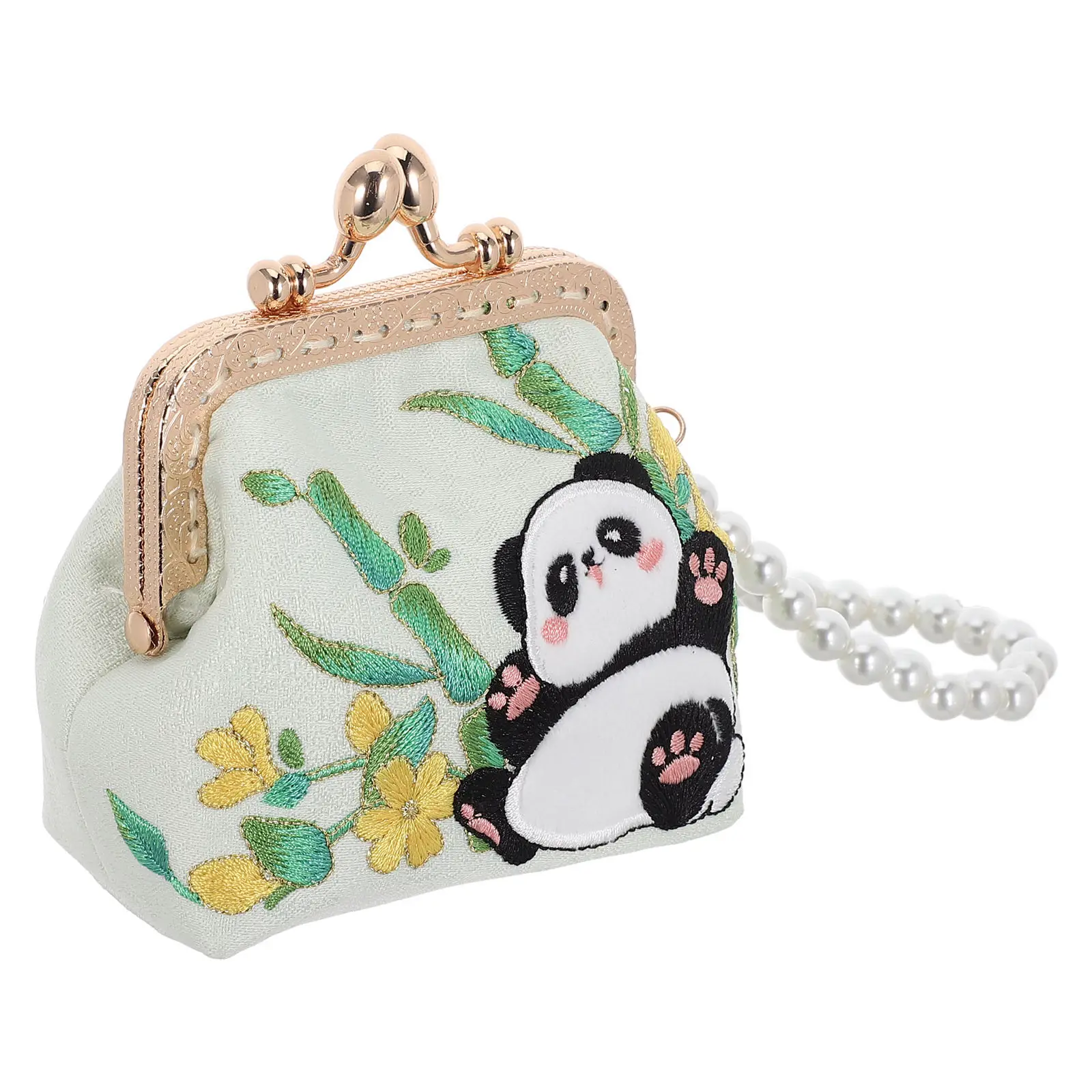 

Hand-Embroidered Chinese Silk Brocade Mini Purse with Pearl Embellishments Floral Panda Motif Elegant Evening Clutch for Women