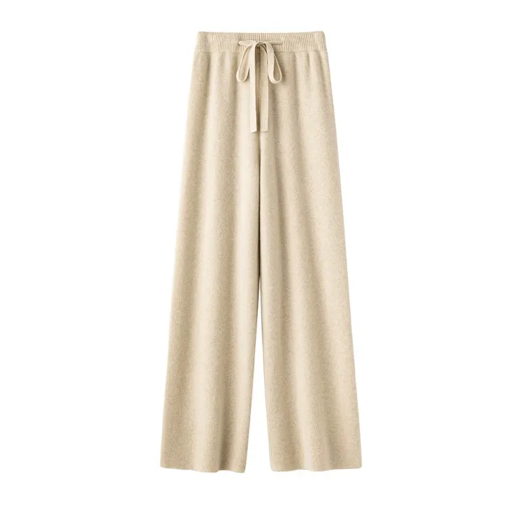 Spodnie z wełny australijskiej dla kobiet, szerokie nogawki, zwiewne spodnie z drapowaniem, bardzo długie spodnie z prostymi nogawkami, dzianinowe spodnie na jesień i zimę.