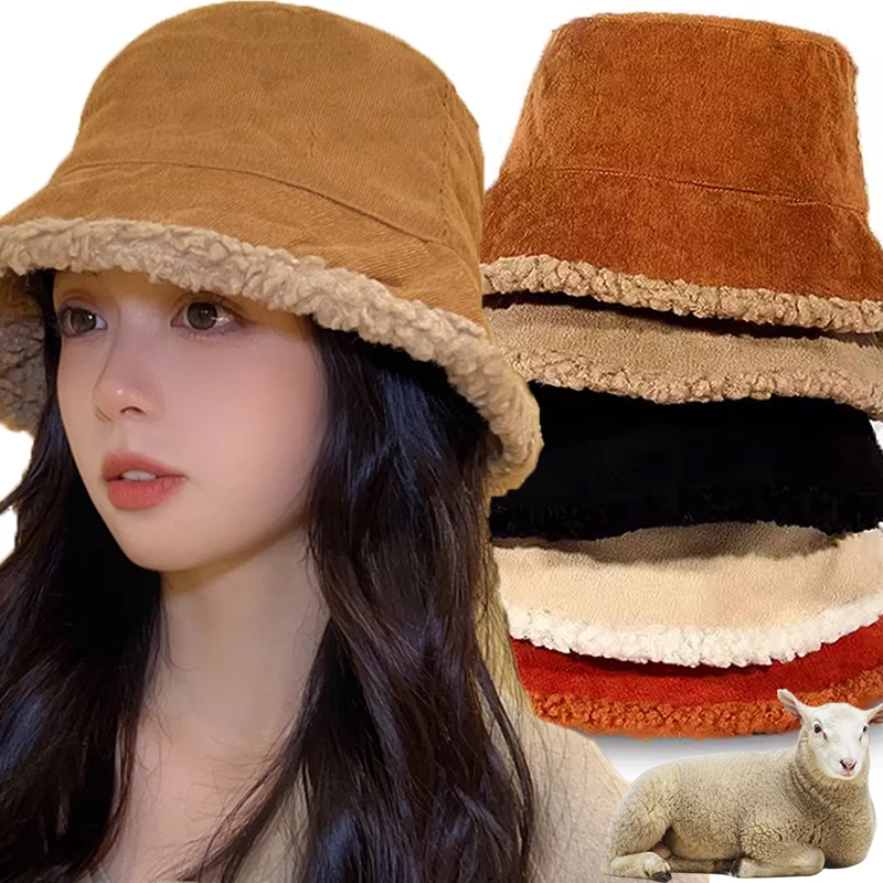 Winter Bucket Hats Women Warming Panama Hat Lady Fluffy Corduroy Double-Side Wear Outdoor Fisherman Cap Hat for Women Girl\'s