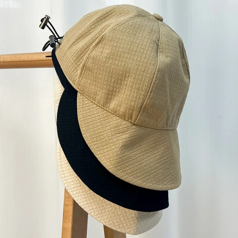 2024 Hat Women\'s Autumn Waffle Bucket Hat Women\'s Solid Color Drawstring Peaked Cap Wide Brim Sunshade Fisherman Hats Sunshade