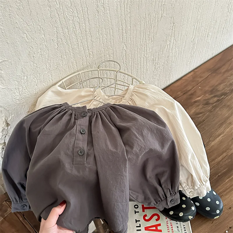 

Рубашки для девочек в корейском стиле, весна-осень 2023, однотонные детские блузки из стираного хлопка, свободные топы с рукавами «летучая мышь», детская одежда