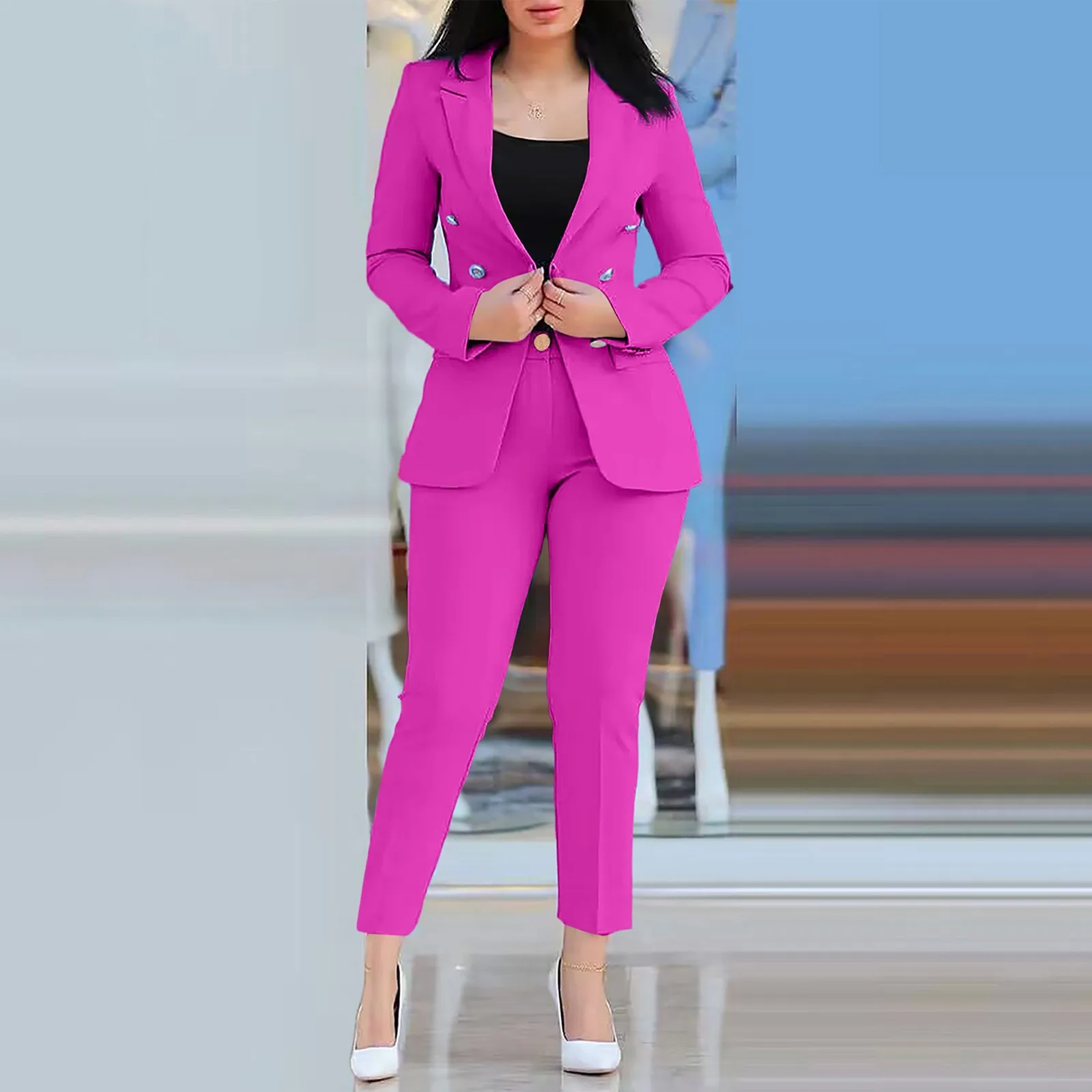

Women Solid Long Sleeved Suit Pockets Trousers Pants Suit Elegant Suit Women's Jumpsuits