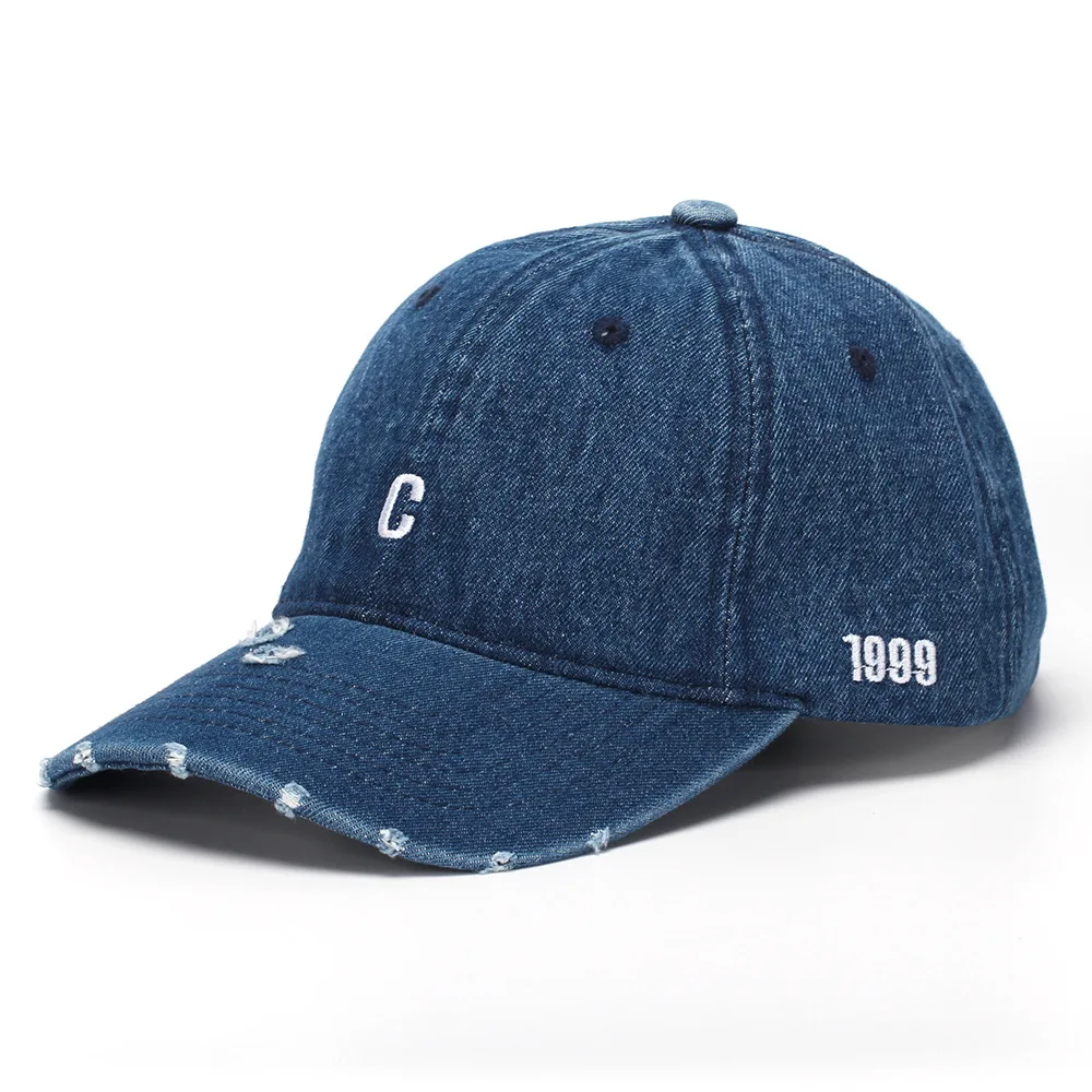 European and American Style Letter 'C' Embroidered Baseball Cap with a Hole, Perfect for Couples, Versatile Denim Sun Hat