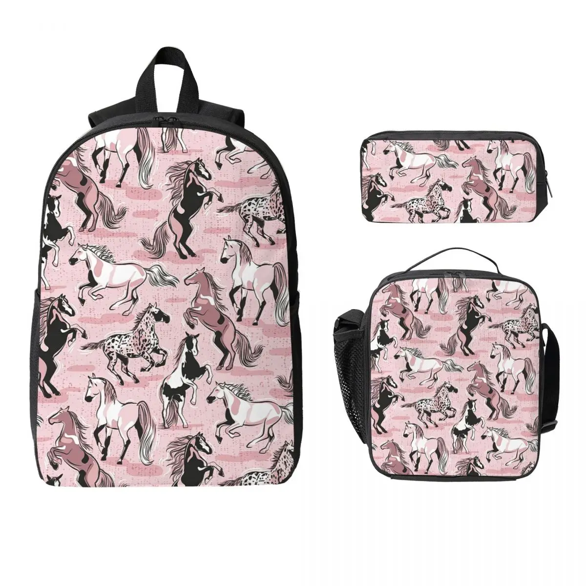 Horses In The Wind Cotton Candy Pink Backpack Boys Girls BookBag School Bag Shoulder Bags 3ps Insulated Lunch Bag Pencil Case