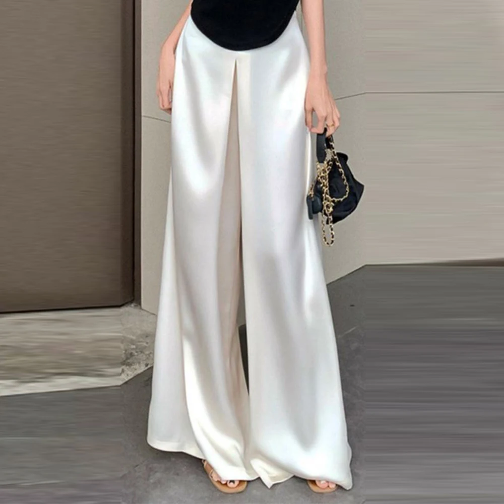 

Fashion satin white wide leg pants for women's spring, summe high waisted straight leg pants beautiful drape, floor length pants