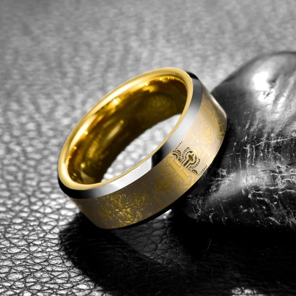 Somen 8mm Golden Tungsten Wedding Band Ring For Men Cross Engraved Beveled Edge Polished Engagement Rings Jewelry anillos hombre