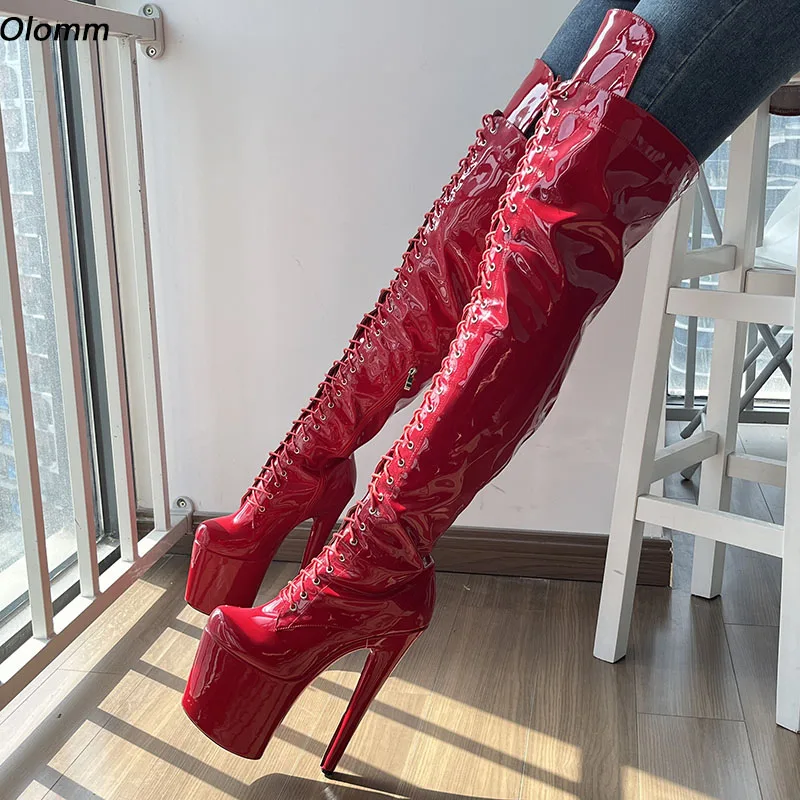 Olomm New Women Platform Winter Over The Knee Boots Side Zipper Stiletto Heels Round Toe Red Party Shoes Plus US Size 5-20