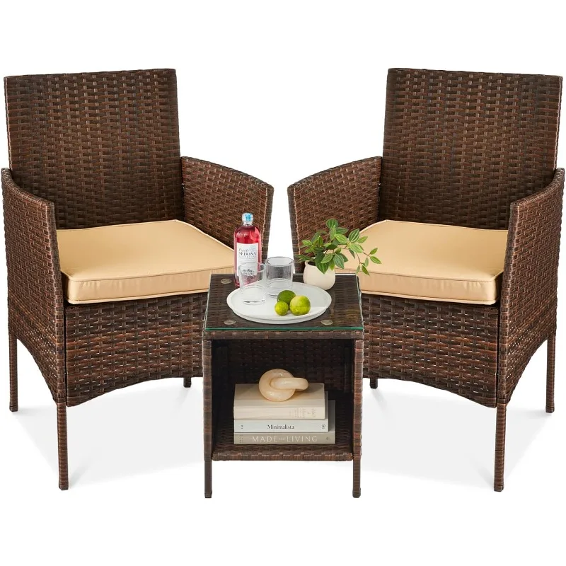 3-Piece Outdoor Wicker Conversation Bistro Set, Space Saving Patio Furniture for Garden w/Side Table - Brown/Tan