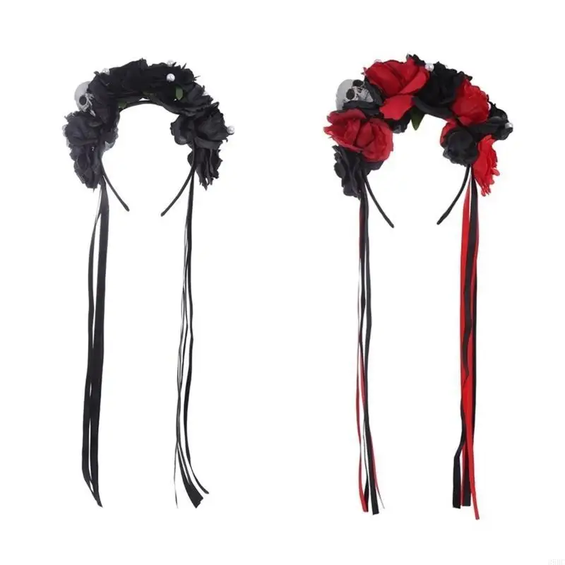 

39BC Gothic Skull Headband Goth Flower Crowns Goth Tassel Day Of the Dead Headband