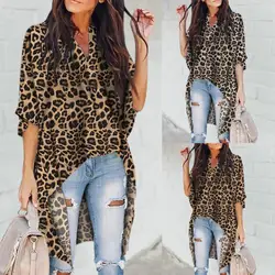 Mulheres Leopardo Irregular Blusa Curto Frente Longa Voltar V-neck Manga Longa Tops Moda Novas Senhoras Loose Shirts Outono Primavera