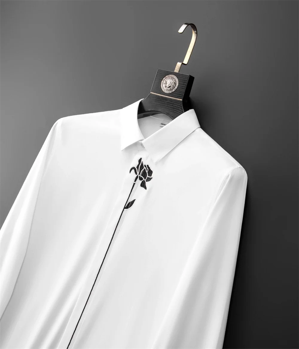 High Quality Embroidered Long Sleeved Shirt Men Casual Business Dress Shirts Slim Fit Social Party Banquet Tuxedo Men Clothing