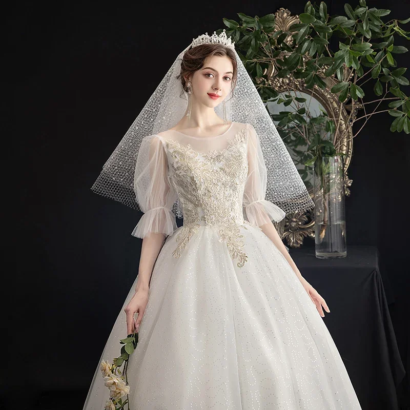 Main Wedding Dress, Bride's Korean Style Shoulder Length, Minimalist Style, Mid Sleeved Wedding Dress Evening Dress Bride Dress