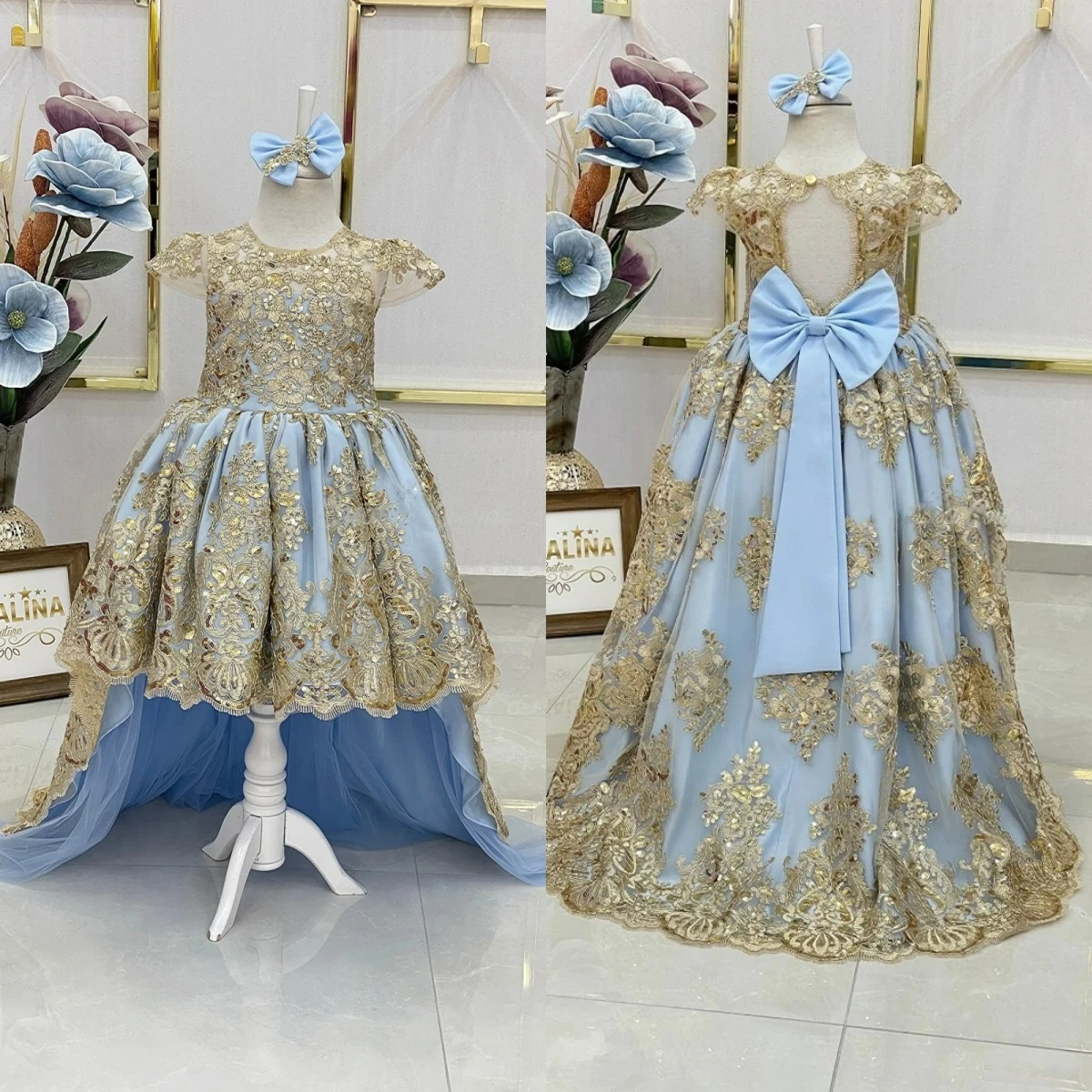 Hochwertiges, wunderschönes Blumenmädchenkleid mit goldener Spitze, Prinzessinnenkleid in voller Länge, bauschig, als Geburtstagsgeschenk für Kinder, Erstkommunionkleid, Abendkleid
