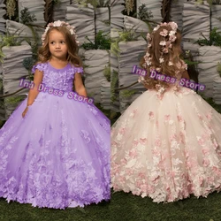 Elegant Appliques Flower Girl Dress Floral Tulle For Wedding Party Dresses Kids Birthday Gift Ball Gown For Princess Beauty
