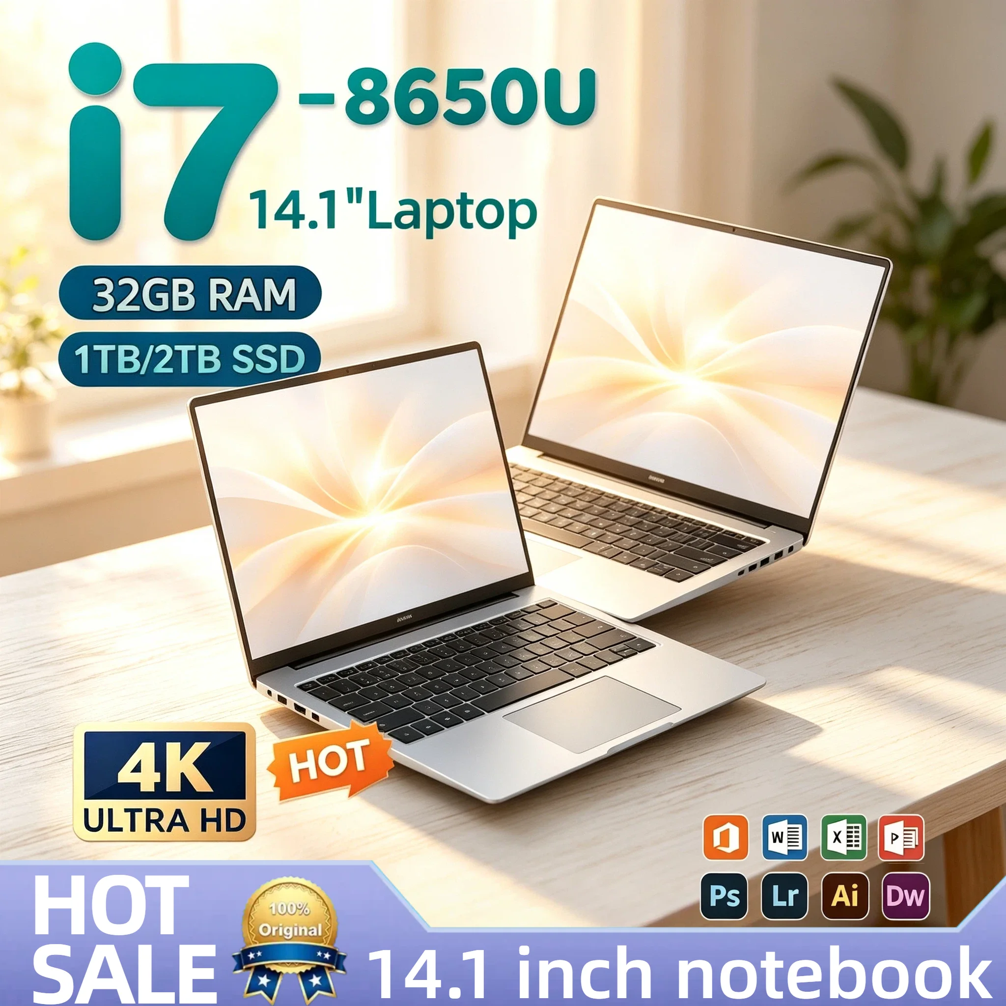 Intel Core i7 8650U 14.1 Inch Ultra Slim Laptop 4C8T 1.9 4.2GHz 32GB RAM 2TB SSD Gaming PC Office Gamer 1920x1080 HD Ultra