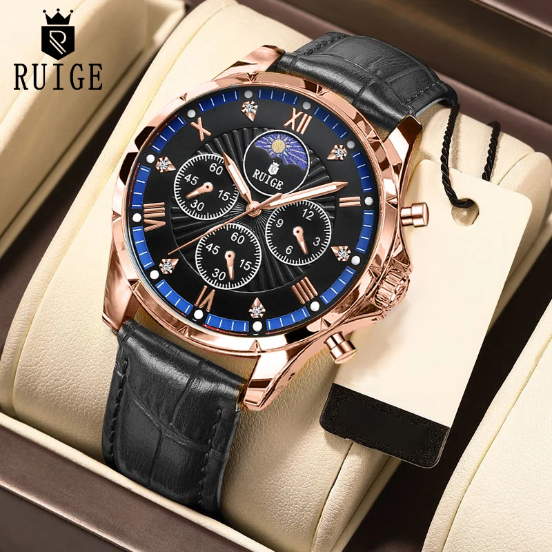 

RUIGE Кварцевые часы с четырьмя глазами и шестью иглами, кожаный ремешок с ночником, модный тренд, повседневный, подарок для мужчин