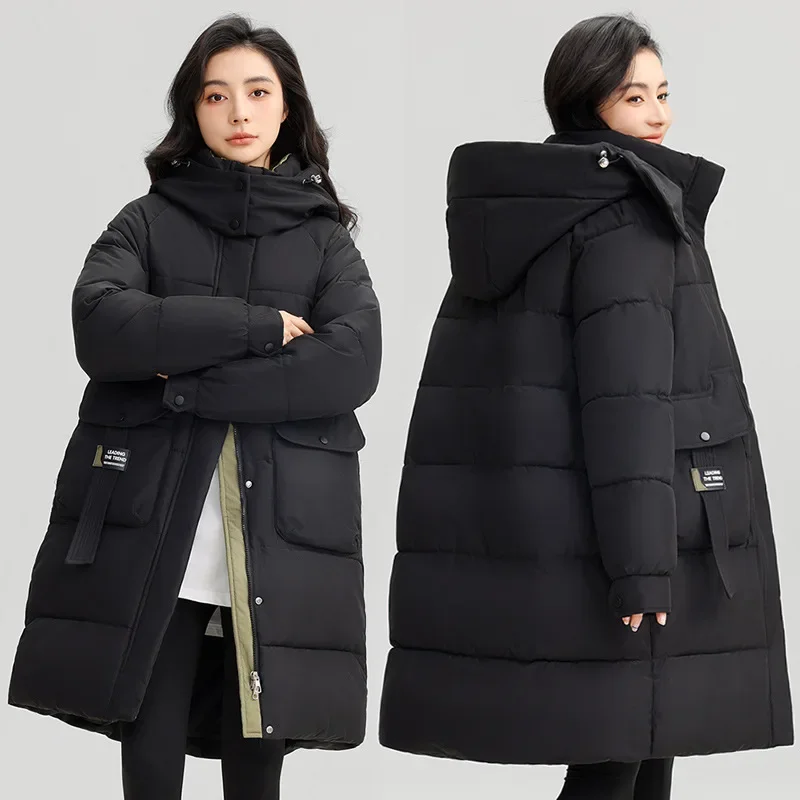 Maxi Coats Parkas Women Autumn Winter Jacket Thick Warm Loose Casual Hooded Zipper Stand Collar Pockets Elegant Splice Coat