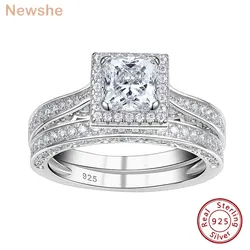 Newshe 2Pcs Genuine 925 Sterling Silver Wedding Ring Set Classic Jewelry 0.8 Ct Princess Cut AAAAA CZ Engagement Rings for Women