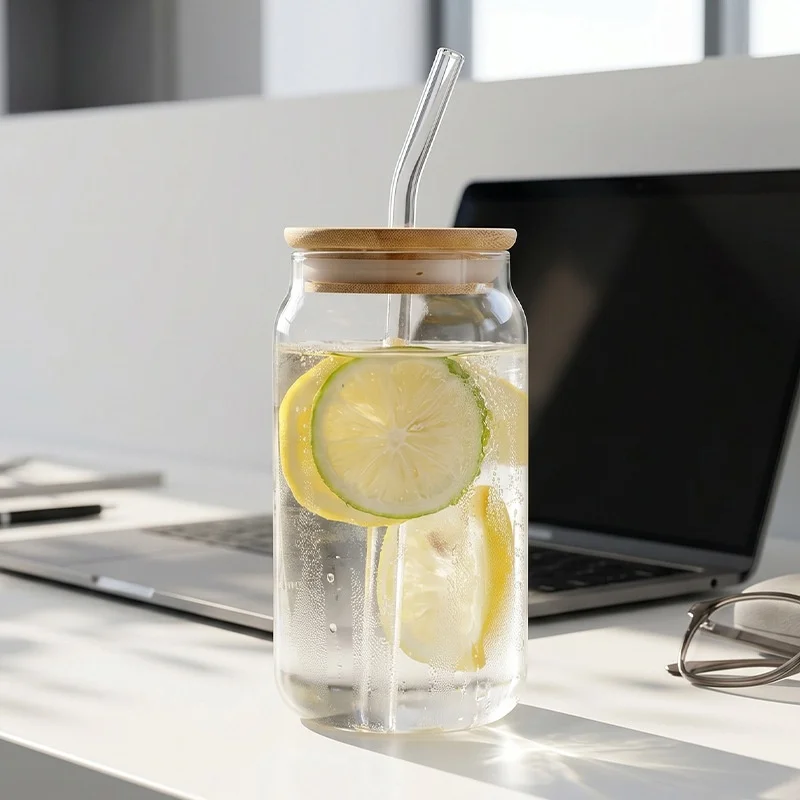 Can Shape Glass Mug 550ml High Borosilicate Glass Cup Bamboo Lid With Straw For Bubble Tea Juice Coffee Drinkware