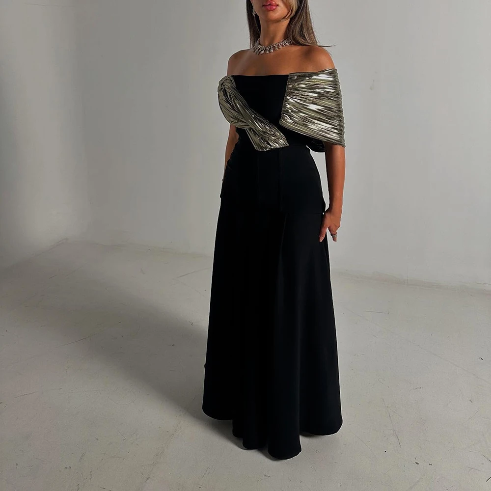 

Customized Sparkly Off The Shoulder Sleeveless Jersey Evening Dress Backless A-line Draped Party Gown Floor Length Prom Dress