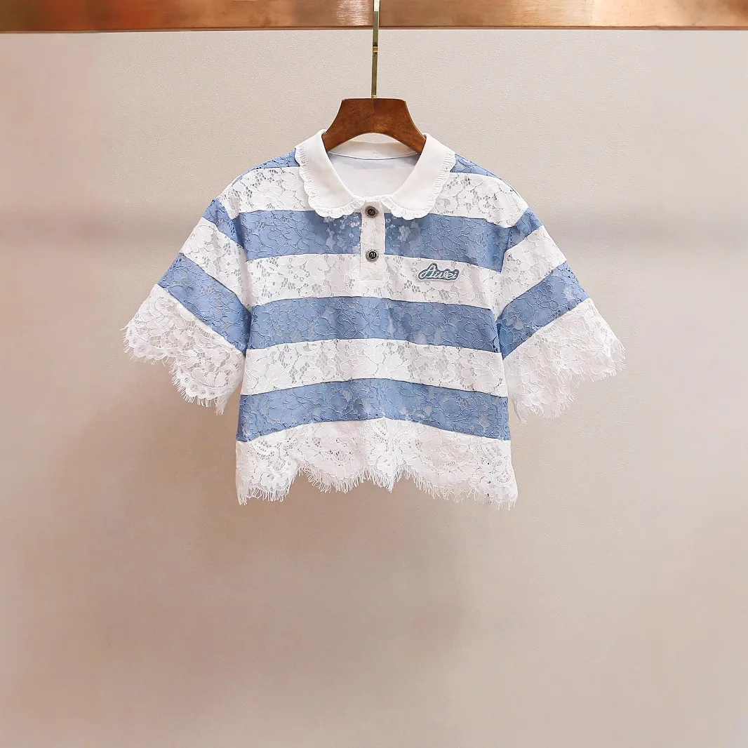 

Summer New Korean Style Ageless Design Collar Lace Stripe Shirt Top Unique Design Trendy Commute Style Loose Fit Women's Blouse