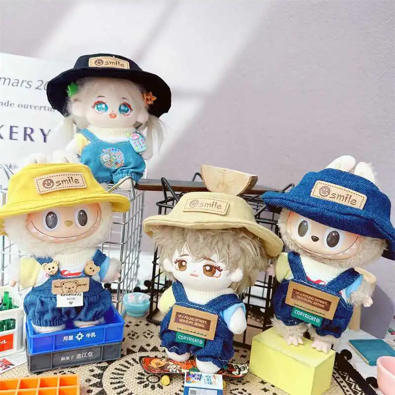 

10cm Cute Doll Clothes Cartoon Open Basin Hat Denim Strap Pants Set Kawaii Dress Up DIY Outfit Changing Dressing Doll Game Gifts