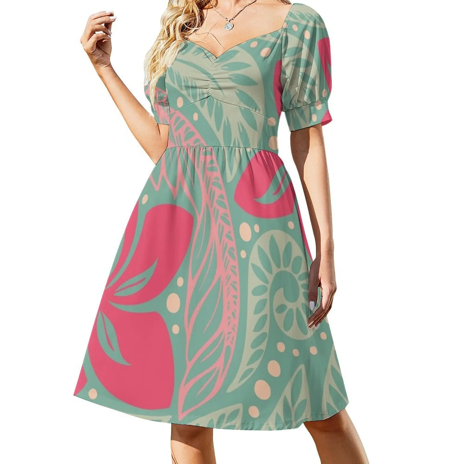 

Polynesian Hawaiian green pink floral tattoo design Short Sleeved Dress Party dresses for women ceremony dresses Dress