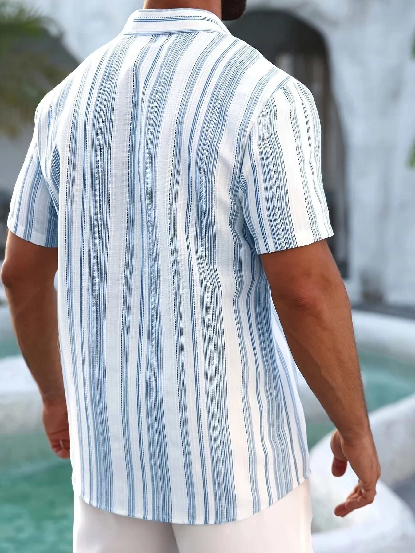 Men Summer Casual Shirts Light Blue White Textured Vertical Stripe Lapel Short Sleeve Loose Button Down Tops Daily Mens Clothing