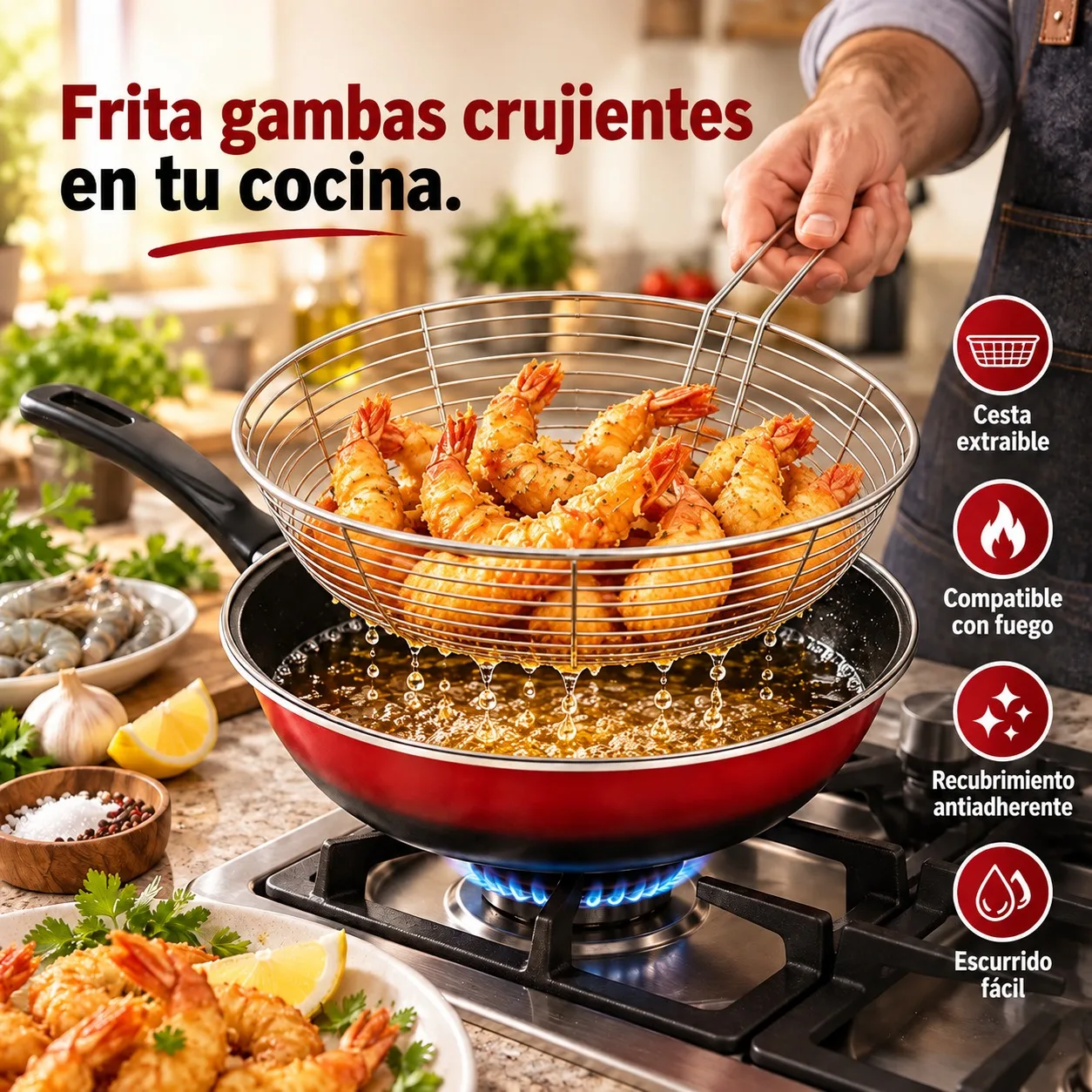 Sartén Wok de Esmalte 26 cm con Cesta Freidora Extraíble, Apta para Inducción, Gas y Vitrocerámica, Recubrimiento Antiadherente para Cocina Versátil, Duradera y Eficiente