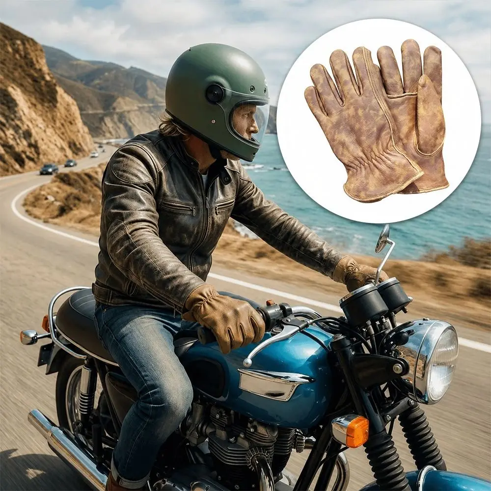 1 pair Premium Cowhide Motorcycle Gloves Brown Color Heavy-Duty Leather Gloves Vintage Tie-Dye Riding Gloves Outdoor Biker