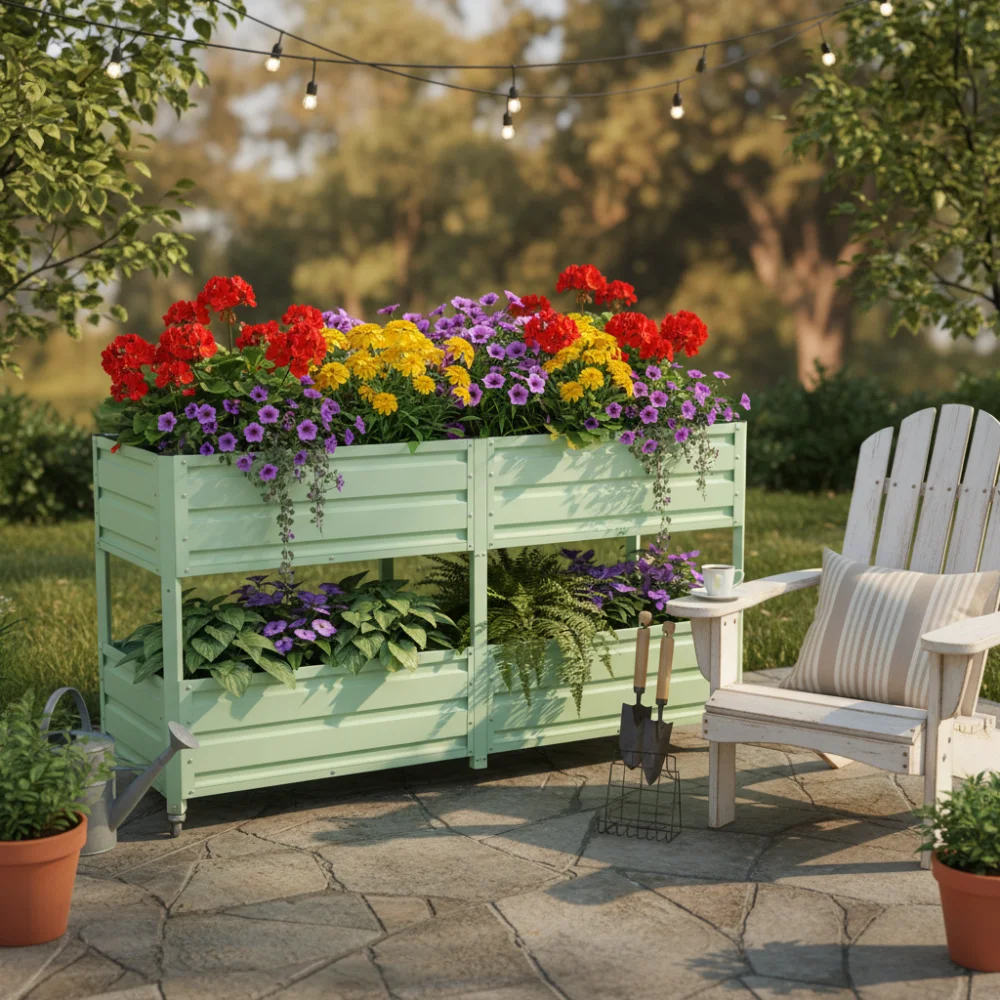 Green Double-layer Elevated Metal Garden Bed with Lockable Wheels, Staggered Double-layer Elevated Flower Pots for Vegetables, Herbs, and Flowers, Outdoor Courtyard and Backyard Green Planting Bed