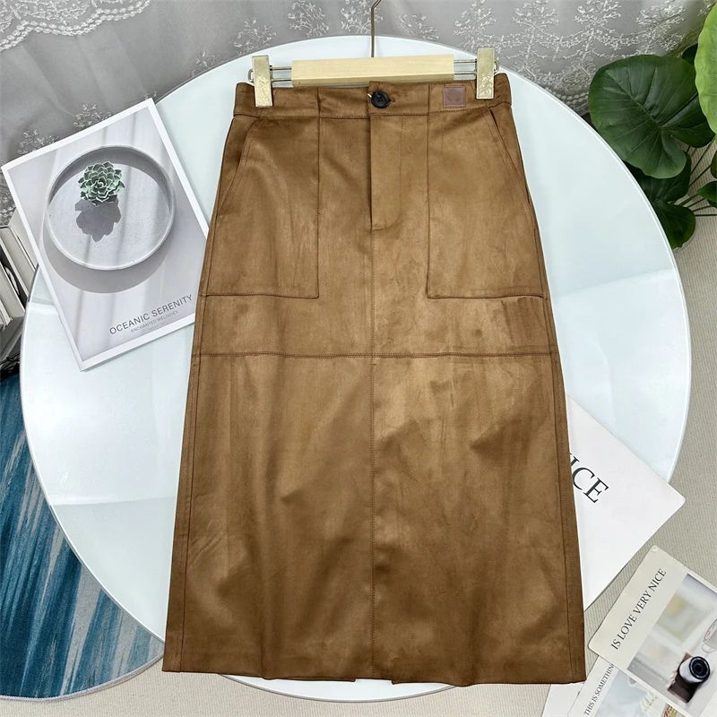 High Waist Suede Texture Straight Skirt Autumn Style Casual High Fiber Polyester No Brand Label Ladies Skirt with Pockets