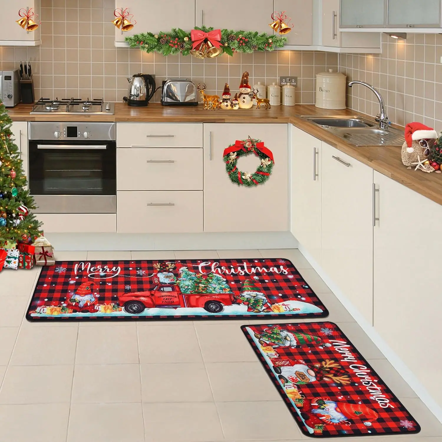 VIKAMA1/2pcs Christmas Atmosphere Doormat Noise Reduction Non-Slip Kitchen Floor Mat Entrance Place Carpet Home Decoration