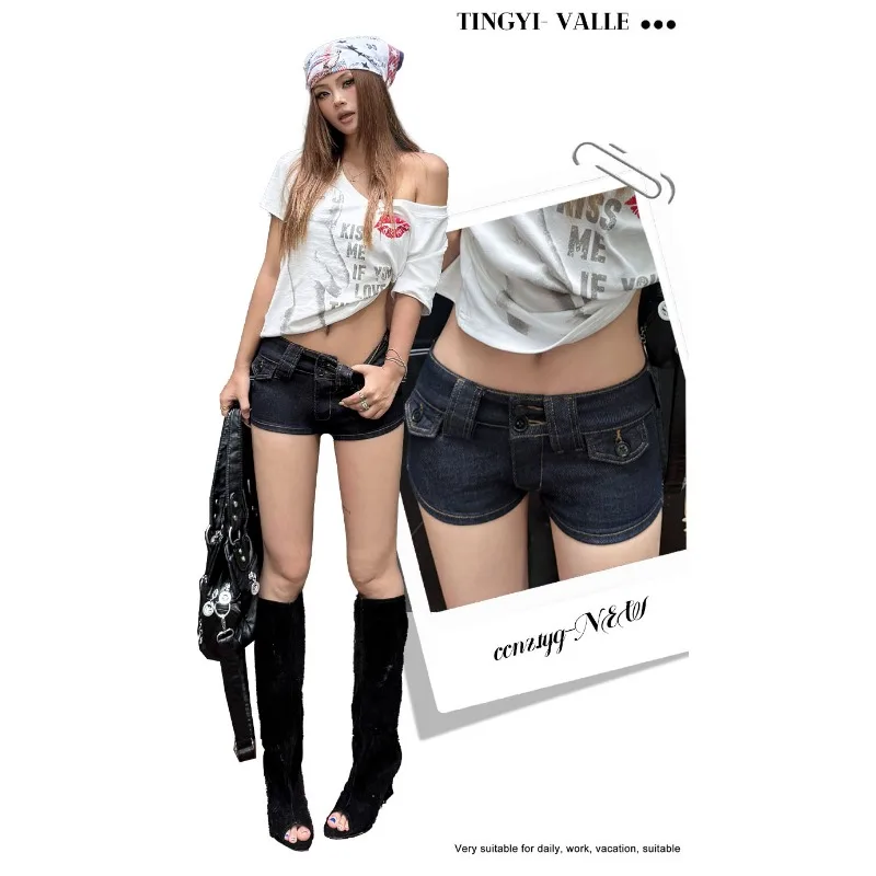 American Retro Pure Desire Low Waist Super Short Denim Hot Shorts Double Buttons Multi Pocket Y2K Spicy Girl Summer Pants