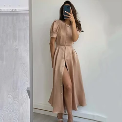 Ard Elegant O Neck Single Breasted High Waist A-Line Dresses For Women 2022 Office Ladies Pleated Midi Dress Party Dress Vestido