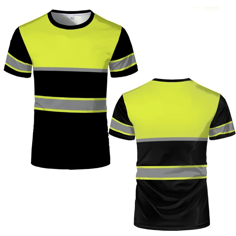 Mens Hi‑Vis Safety Workwear T‑Shirt Yellow Black Reflective Stripe Short Sleeve Crew Neck Outdoor Work Tee Tops