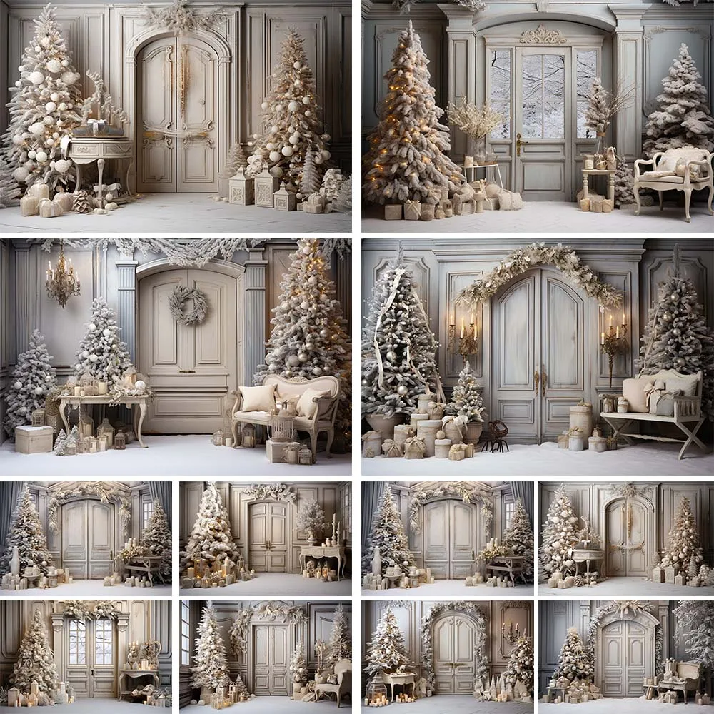 

Mocsicka White Christmas Backdrop European Palace Castle Door Xmas Tree Child Portrait Background Photo Studio Photography Props