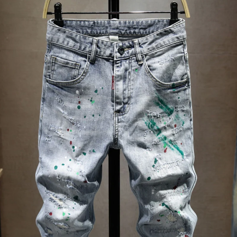 Street Designer Fashion Men Jeans Retro Washed Blue Stretch Slim Fit Painted Ripped Jeans Men Y2K Hip Hop Vintage Denim Pants