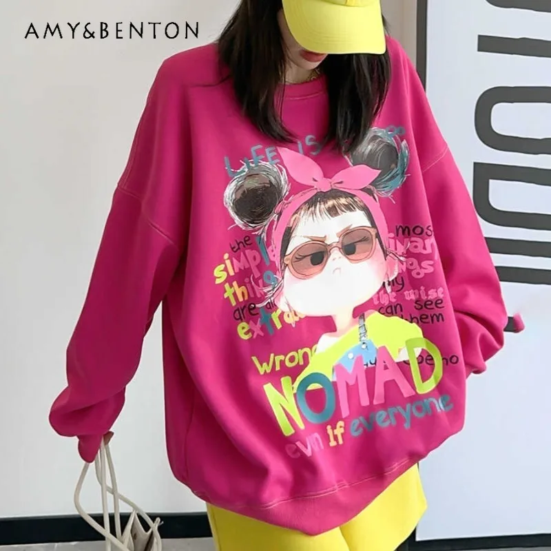 Overszied Hoodies Spring Autumn Fashion Fun Cartoon Graphic Print Crew Neck Sweatshirts Women's Loose Unique Long-sleeves Top