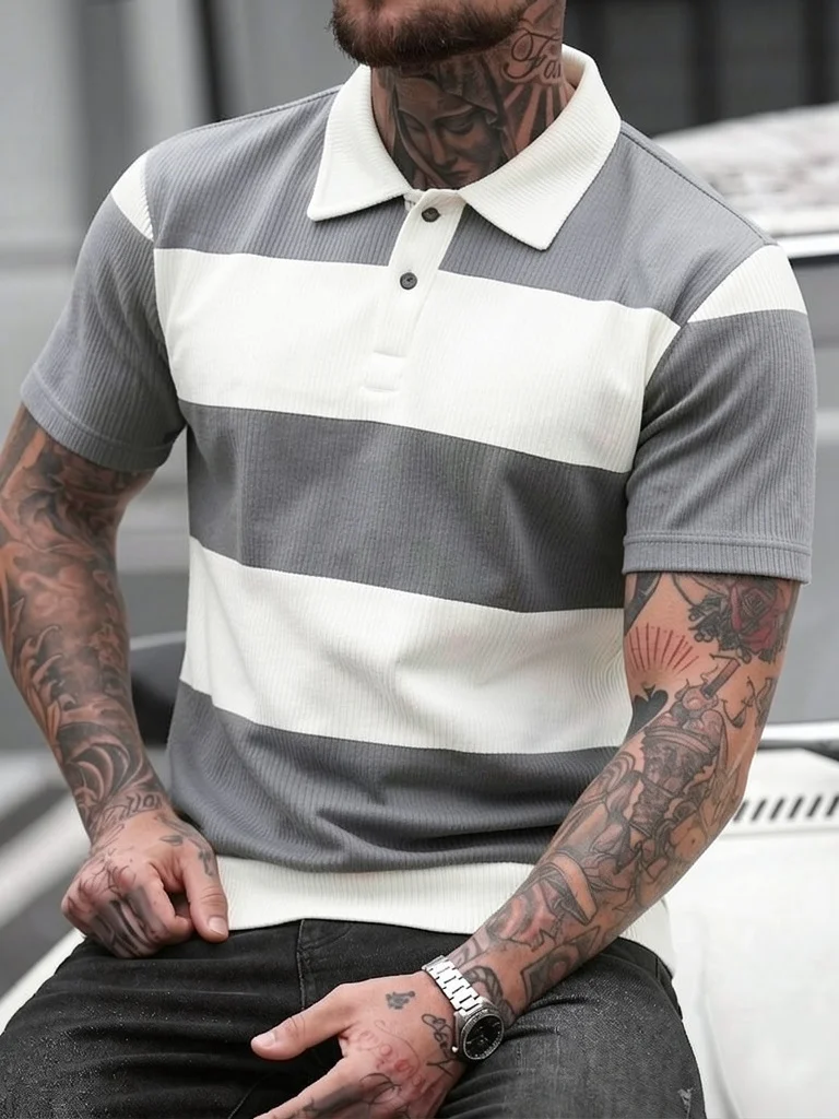 Polo Shirt Pique - Men's Summer Gray-White Striped Pique Polo