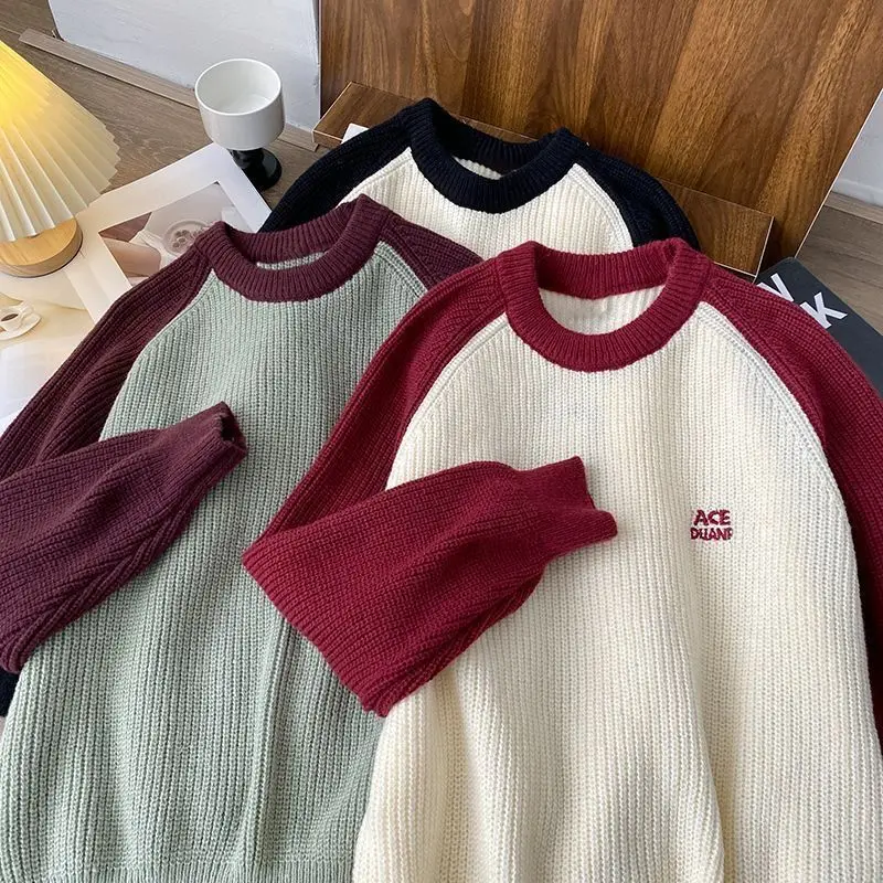 

Мужской свитер свободного кроя в американском ретро-стиле с круглым вырезом, вставками на плечах и цветовыми блоками, повседневная верхняя одежда для осени и зимы