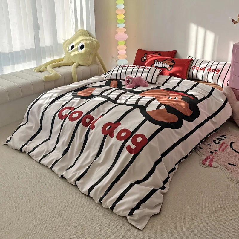 Black and White Striped Duvet Cover 4 Piece Set, Cartoon Dog Pattern Bedding with Bed Sheet, Cute Animal Comforter Cover Set