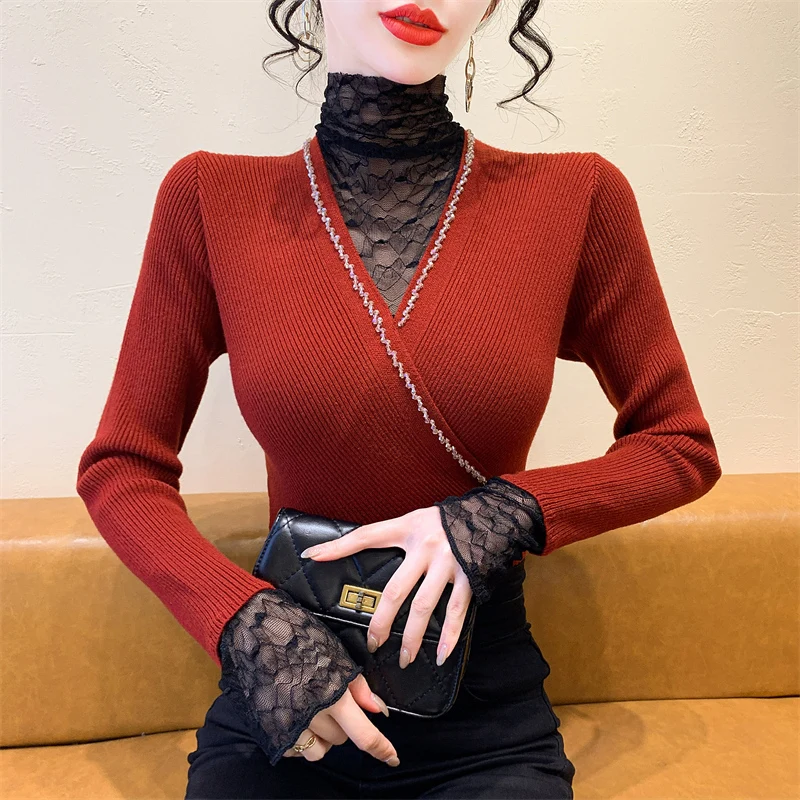 

2025,New,European,Clothes,Knitted,Sweater,Women,Fashion,Sexy,Patchwork,Lace,Shiny,Beading,Bell Sleeve,Fake two pieces,Tops,51019