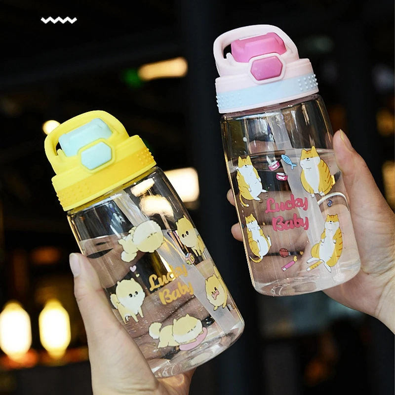 Cartoon Children\'s Water Bottle With Straw Leakproof Press Button Easy Open Water Bottle Children\'s Cups Kids Water Sippy Cup