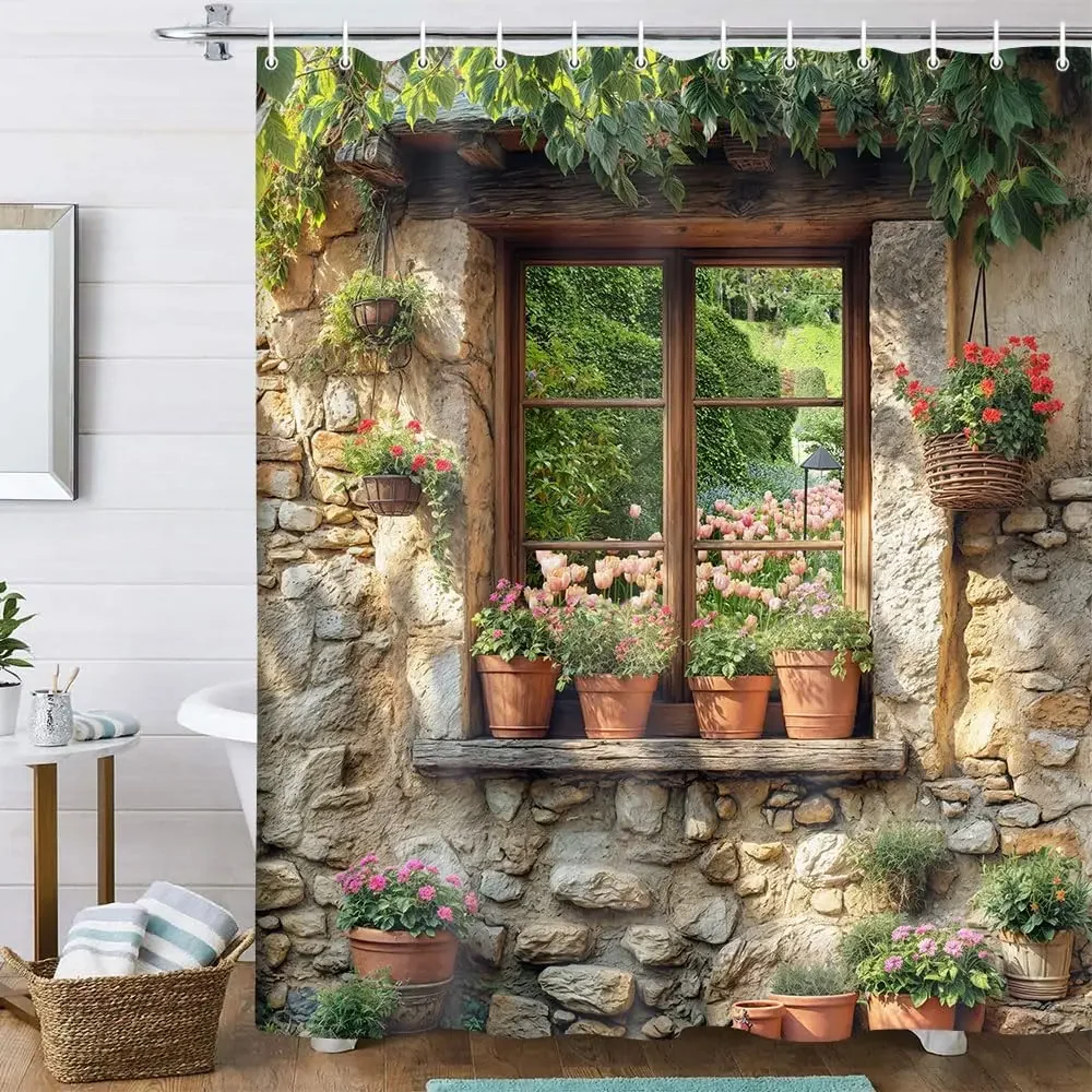 Stone Brick Wall Shower Curtainfor Bathroom,Vintage Green Leaves Floral Plant Decor Bath Curtain,Rustic Farmhouse Shower Curtain