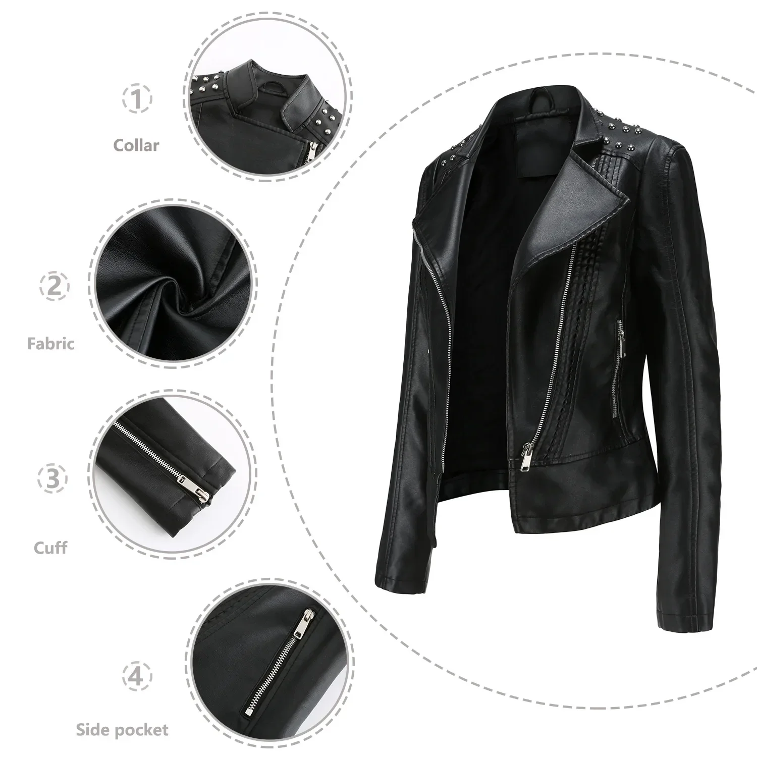 Zipper Casual Splice Short Jacket Slim Fit Women Faux Leather Coat Thin Pu Coats Turn Down Collar Full Sleeve Sexy Jackets