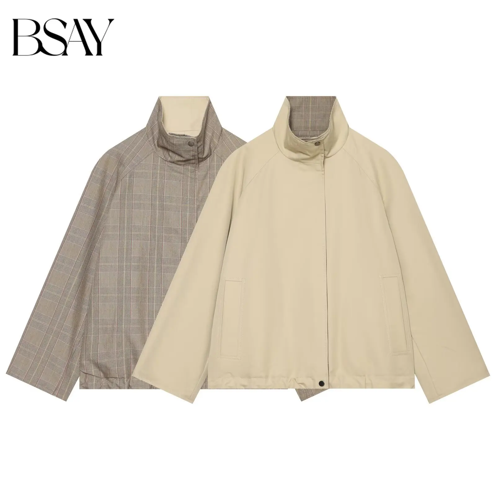 BSAY 2026 Autumn Women Elegant Reversible Cropped Windbreaker Stand Collar Long Raglan Sleeve Side Patch Pockets Daily Outerwear