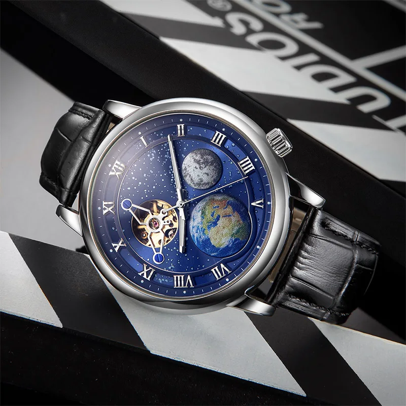 SKONE Rotating Earth Second Hand WristWatch Noctilucent Men Automatic Mechanical Watch Starry Sky Leather Watchband