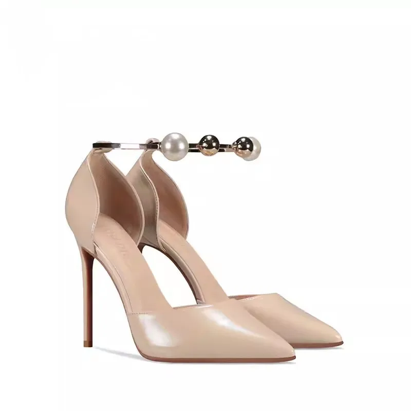 

Spring/Summer Pointed Pearl Hollow Matte Sandals with Thin High Heels Banquet Dress Versatile Large and Small Women Single Shoes