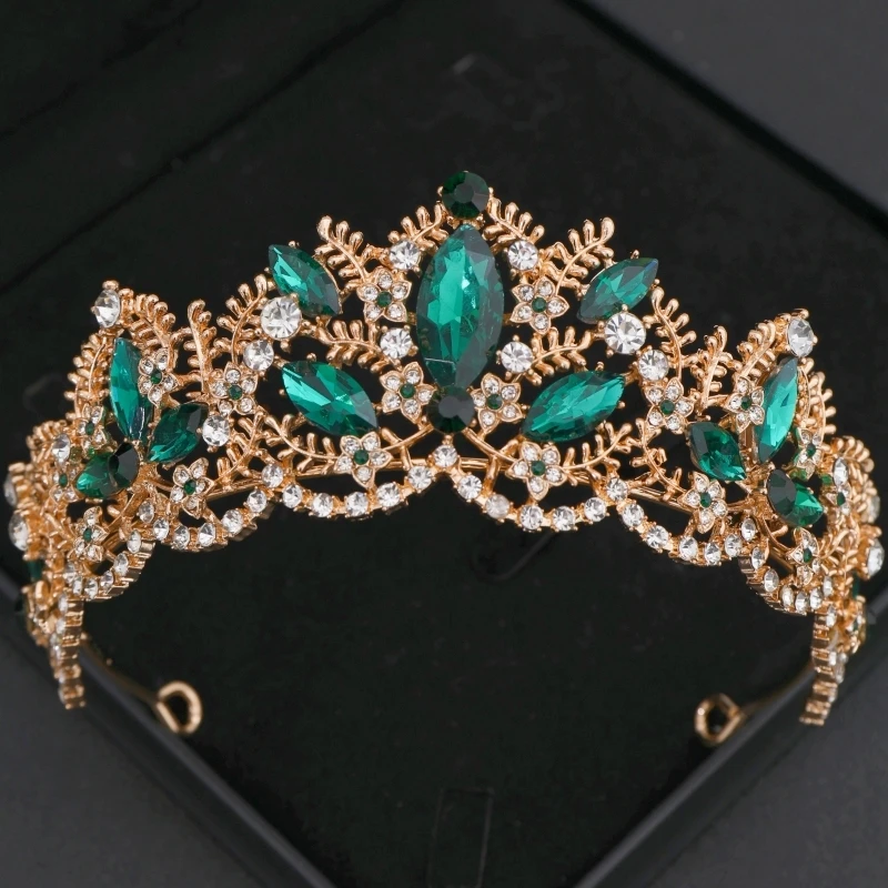 الأخضر كريستال تيارا تاج الأميرة حفلة موسيقية التيجان والتيجان النساء الإكليل الزفاف الزفاف إكسسوارات الشعر مجوهرات خوذة